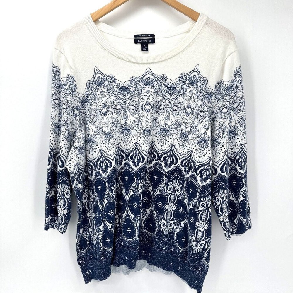 Lands' End White and Navy Ombre Paisley Crewneck Sweater